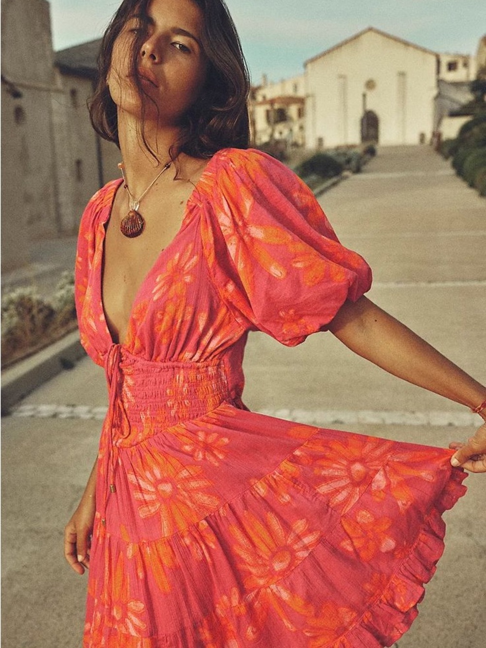 Free People Pink Orange Floral Tie-Front Puff Sleeve Midi Dress